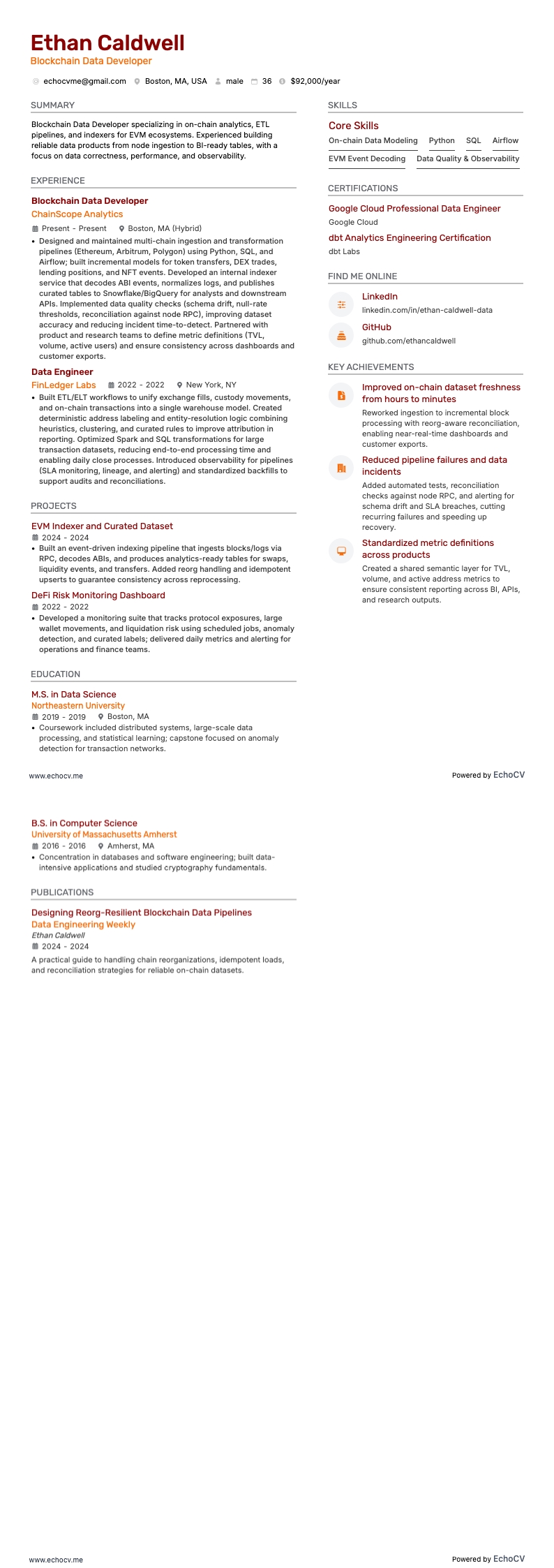 블록체인 데이터 개발자 example resume