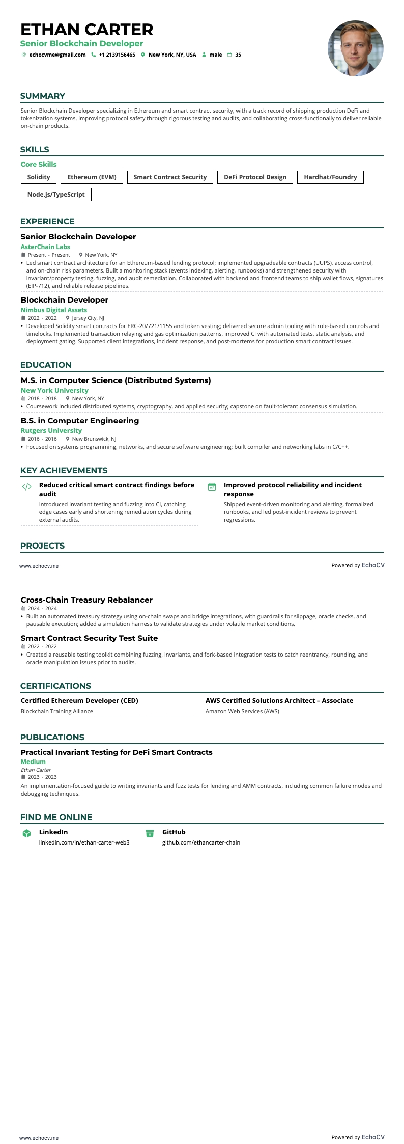 시니어 블록체인 개발자 example resume