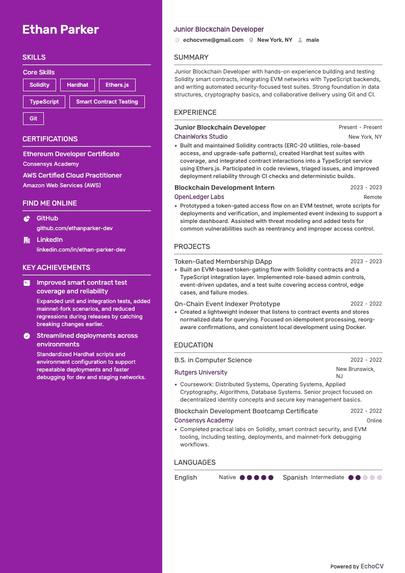 주니어 블록체인 개발자 example resume