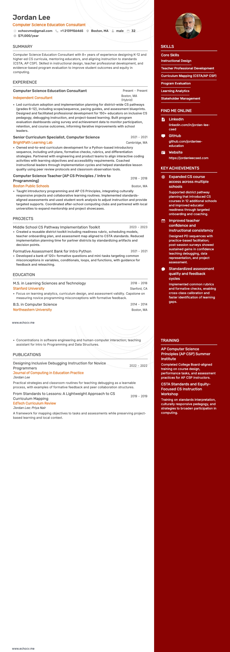 Computer Science Education Consultant example resume