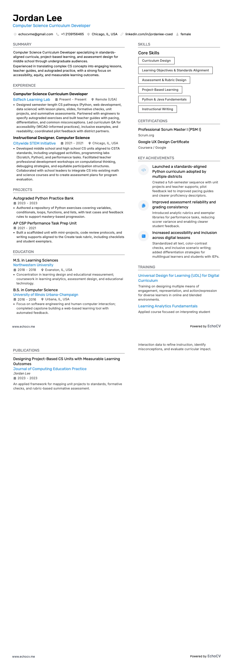 Computer Science Curriculum Developer example resume