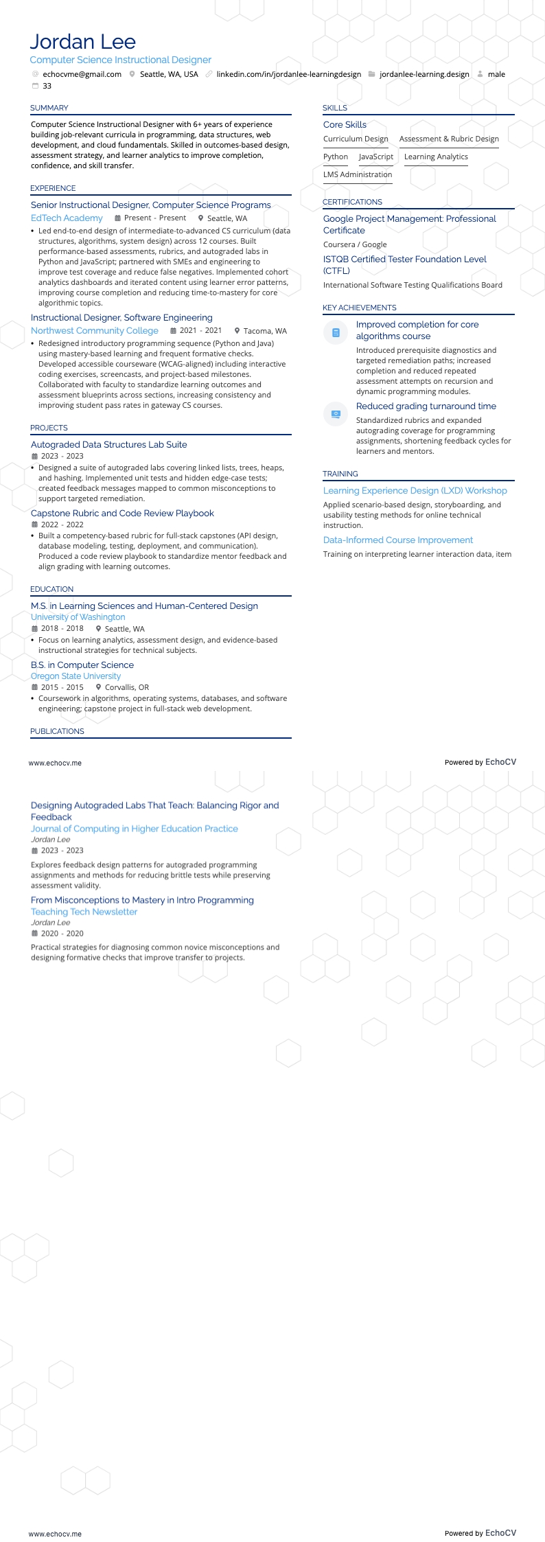 Computer Science Instructional Designer example resume