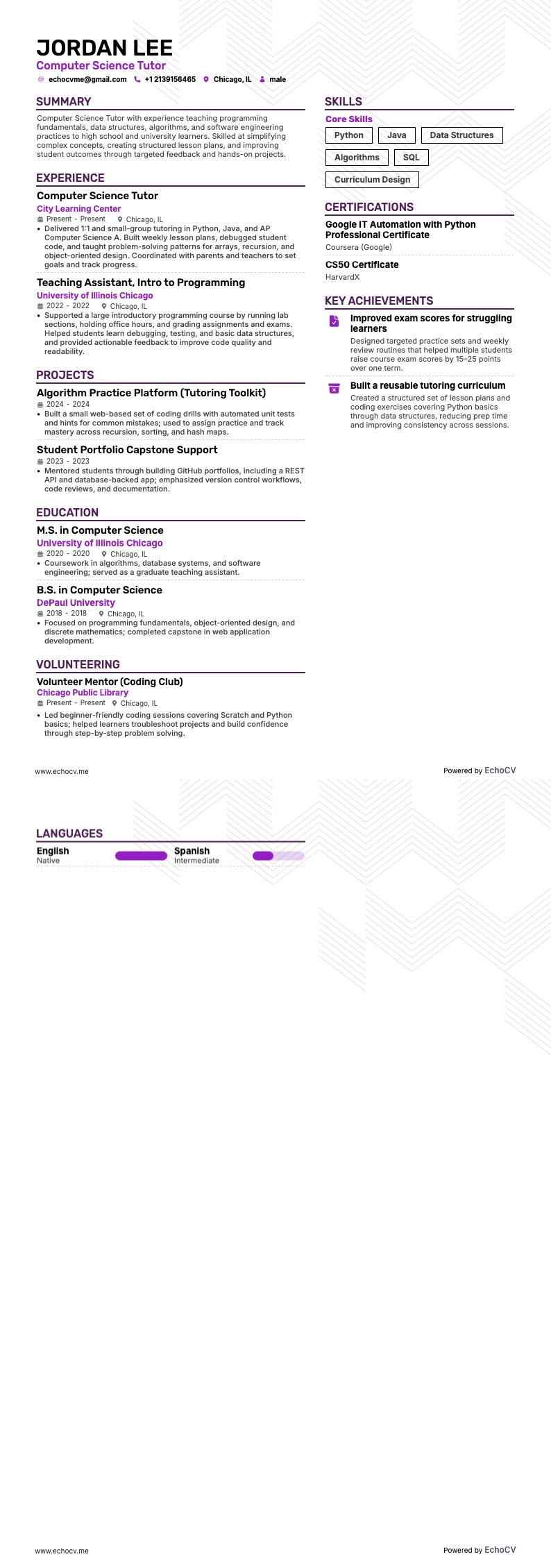 Computer Science Tutor example resume