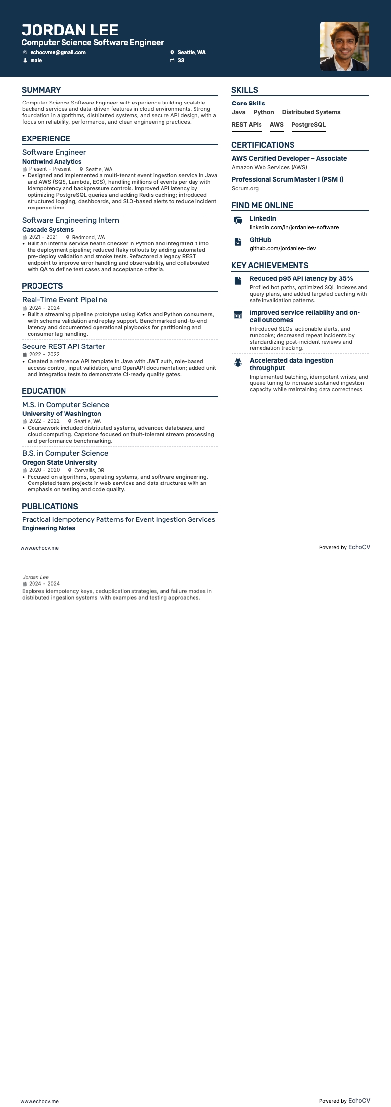 Computer Science Software Engineer example resume