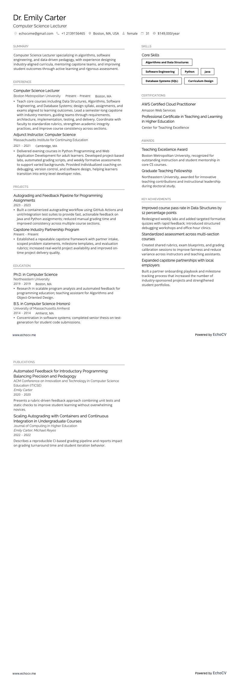 Computer Science Lecturer example resume