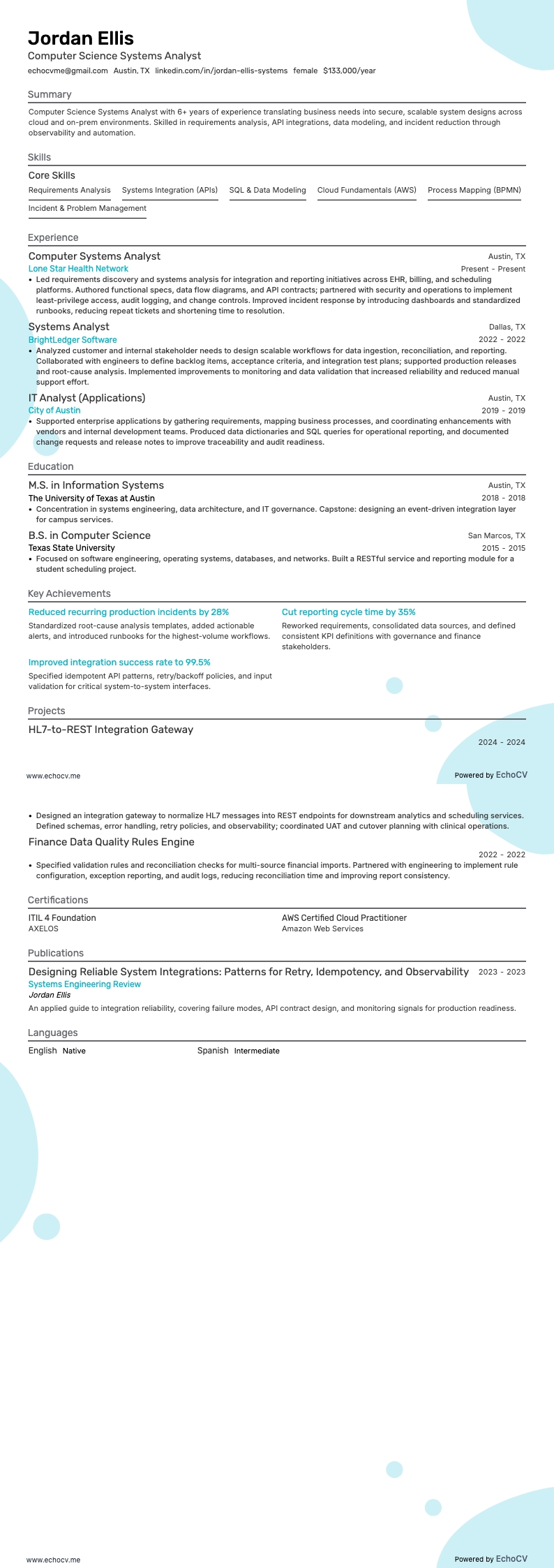 Computer Science Systems Analyst example resume