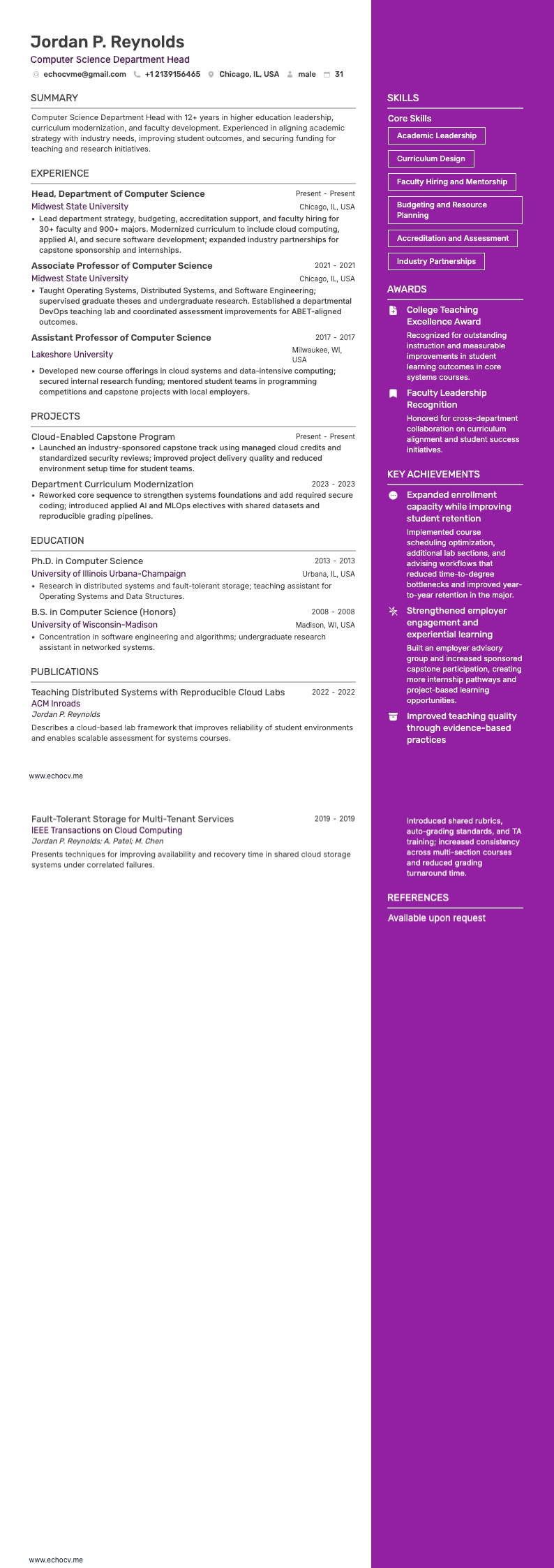 Computer Science Department Head example resume