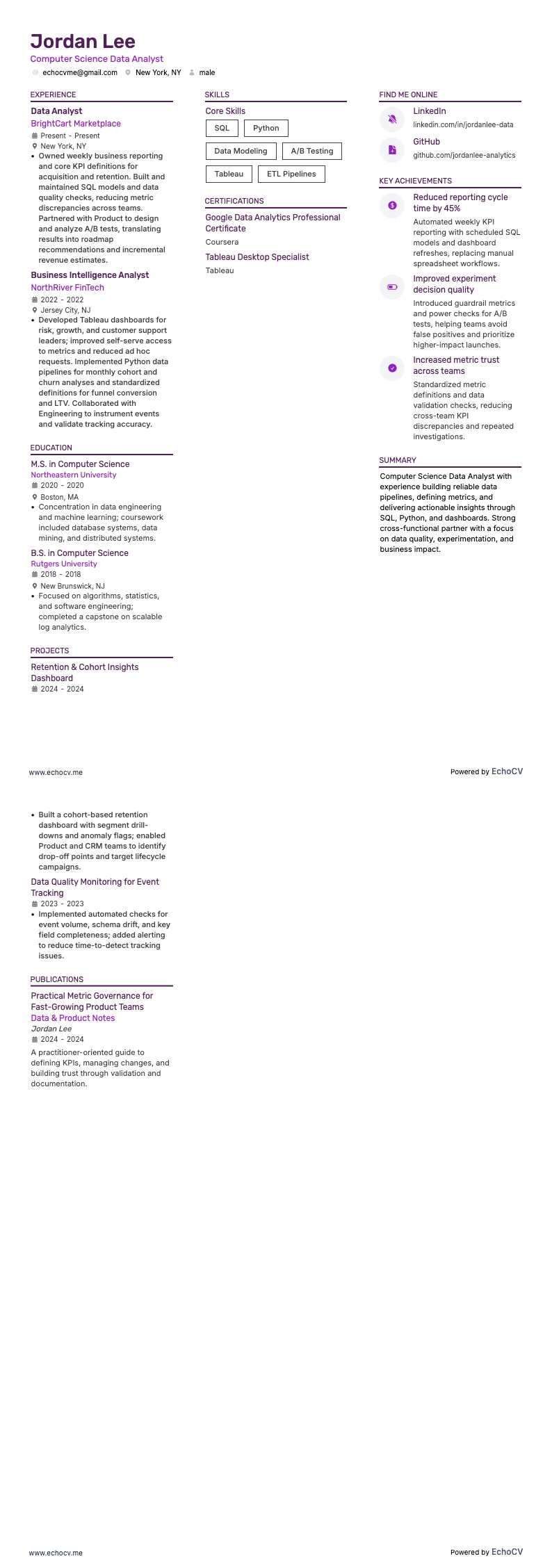 Computer Science Data Analyst example resume