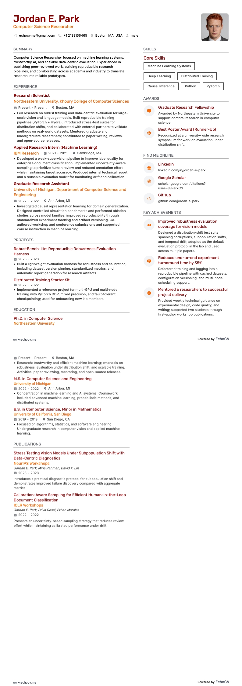 Computer Science Researcher example resume