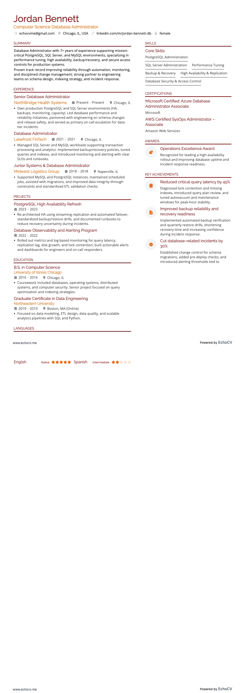 Computer Science Database Administrator example resume