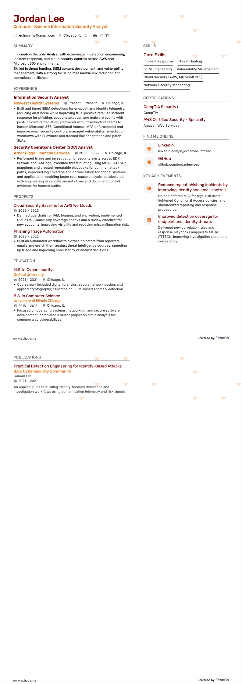 Computer Science Information Security Analyst example resume