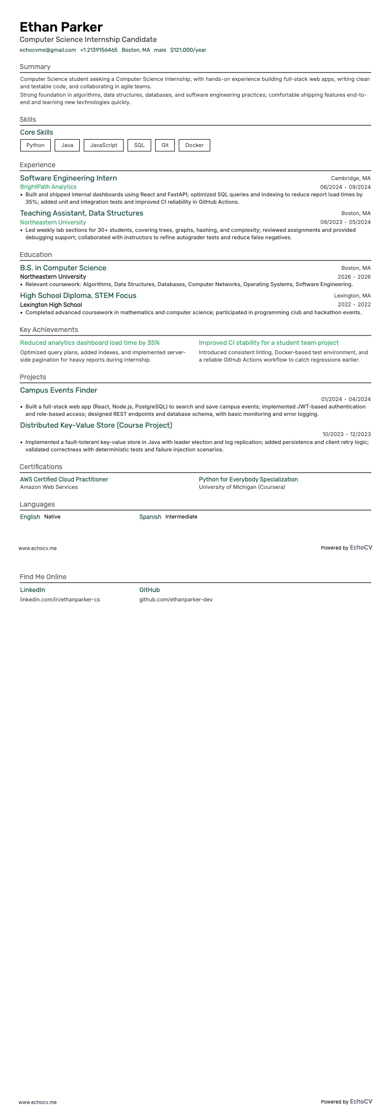 Computer Science Internship example resume