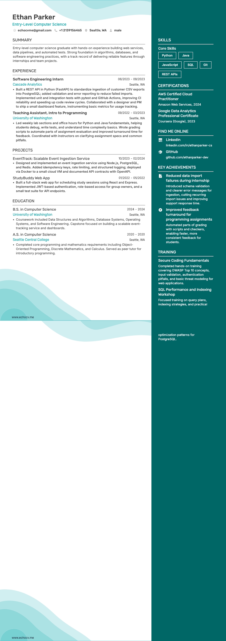 Entry-Level Computer Science example resume