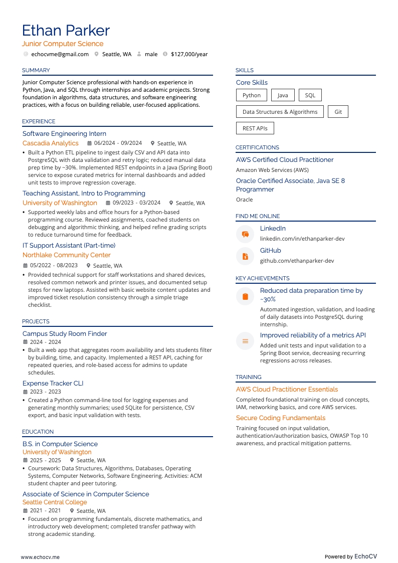 Junior Computer Science example resume