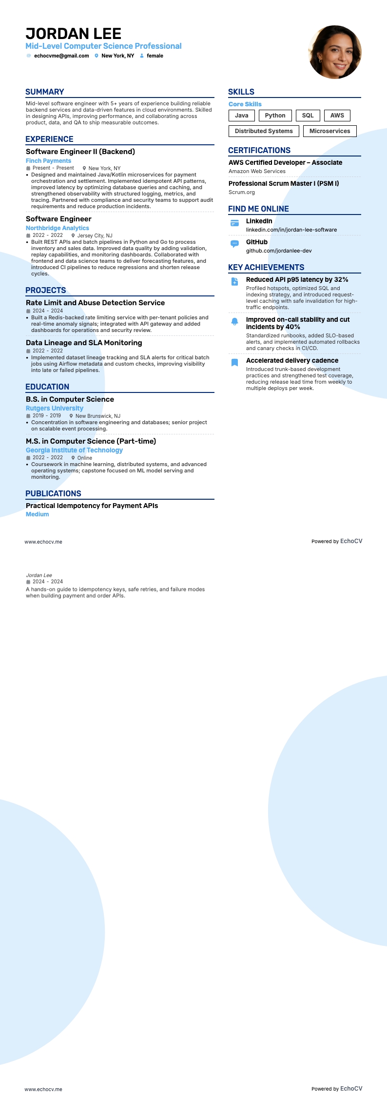 Mid-Level Computer Science Professional example resume