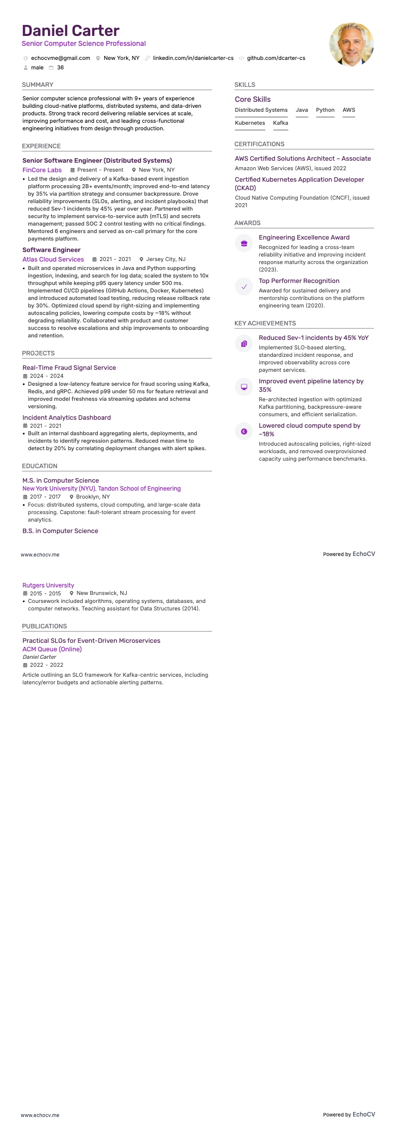 Senior Computer Science Professional example resume