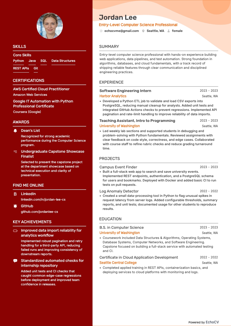 Entry-Level Computer Science Professional example resume