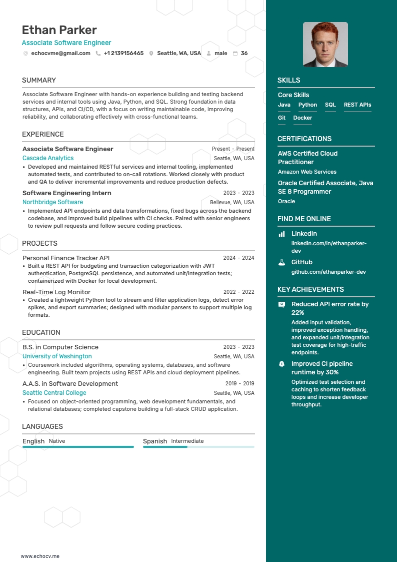 Kỹ sư phần mềm tập sự example resume