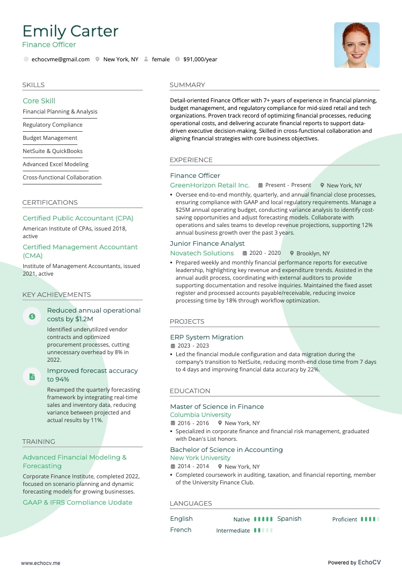 Finance Officer example resume