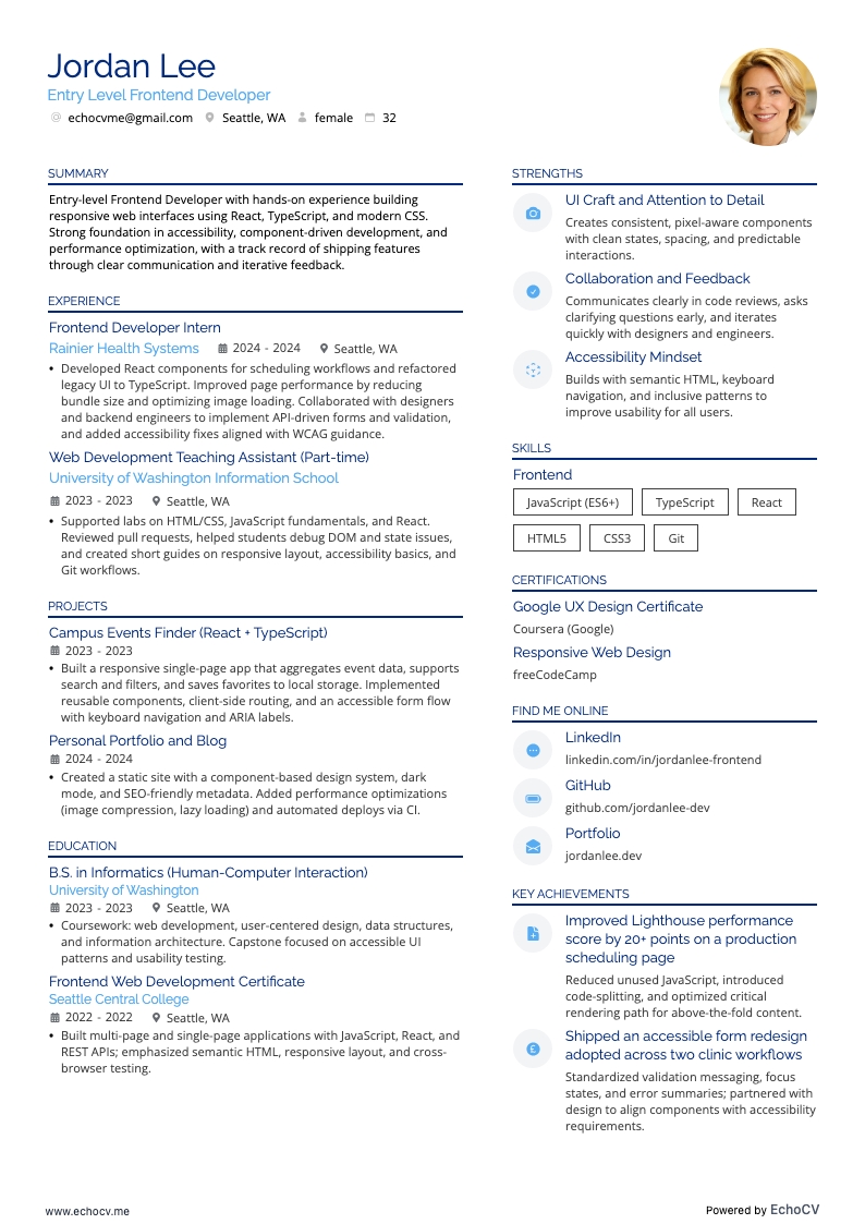 Lập trình viên Frontend mới vào nghề example resume