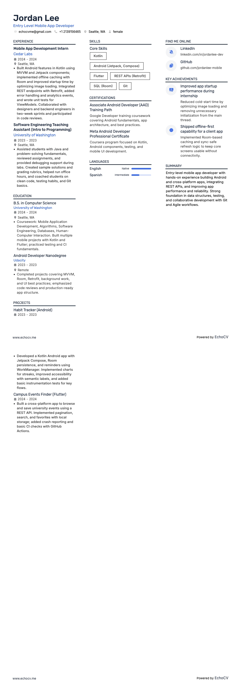 Lập trình viên ứng dụng di động mới vào nghề example resume