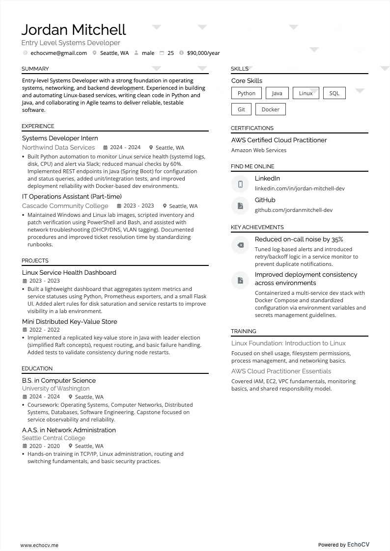 Lập trình viên hệ thống mới vào nghề example resume