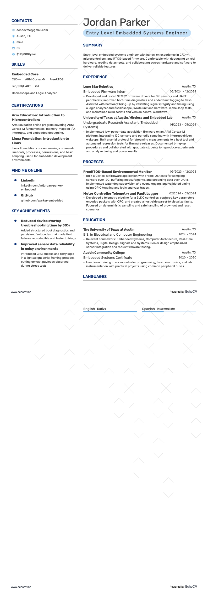 Kỹ sư hệ thống nhúng cấp đầu vào example resume