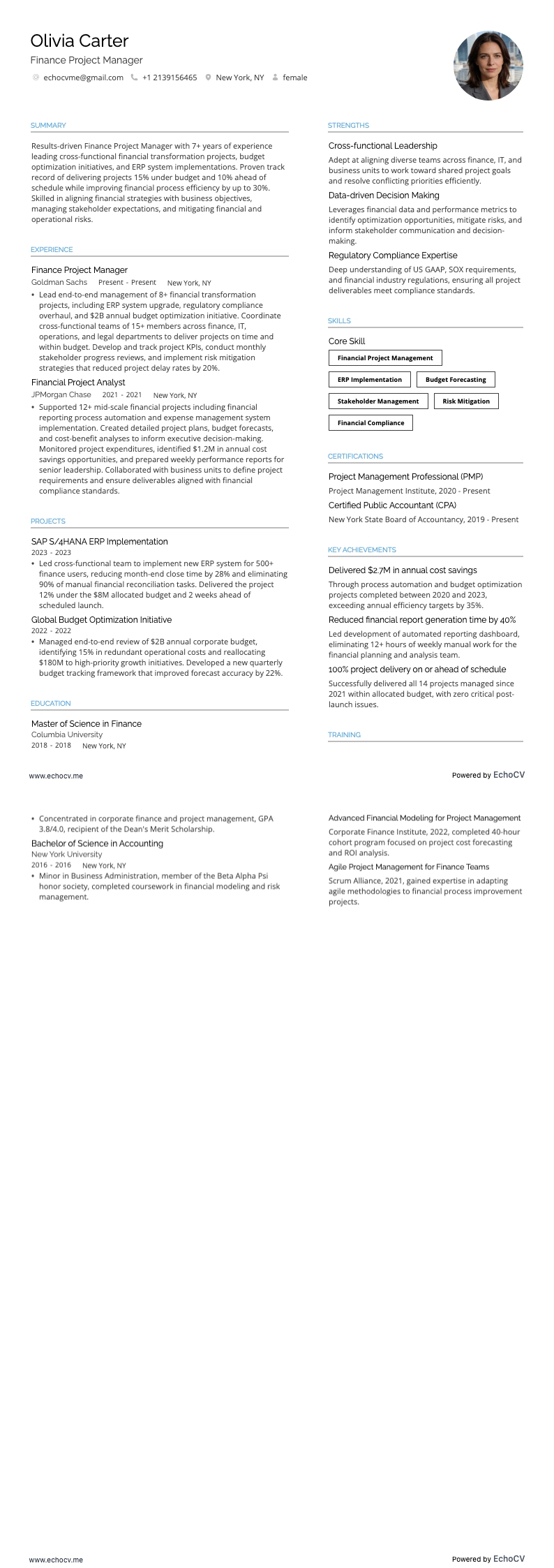 Finance Project Manager example resume