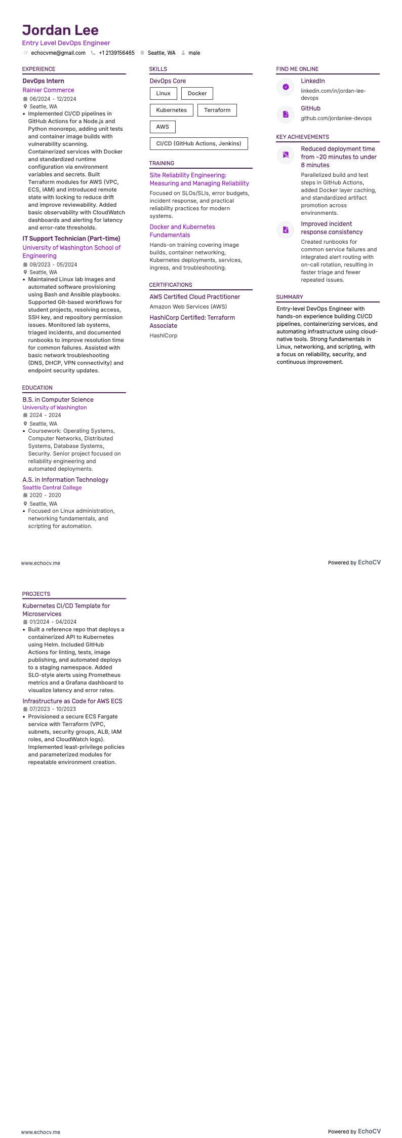 Kỹ sư DevOps cấp độ đầu vào example resume