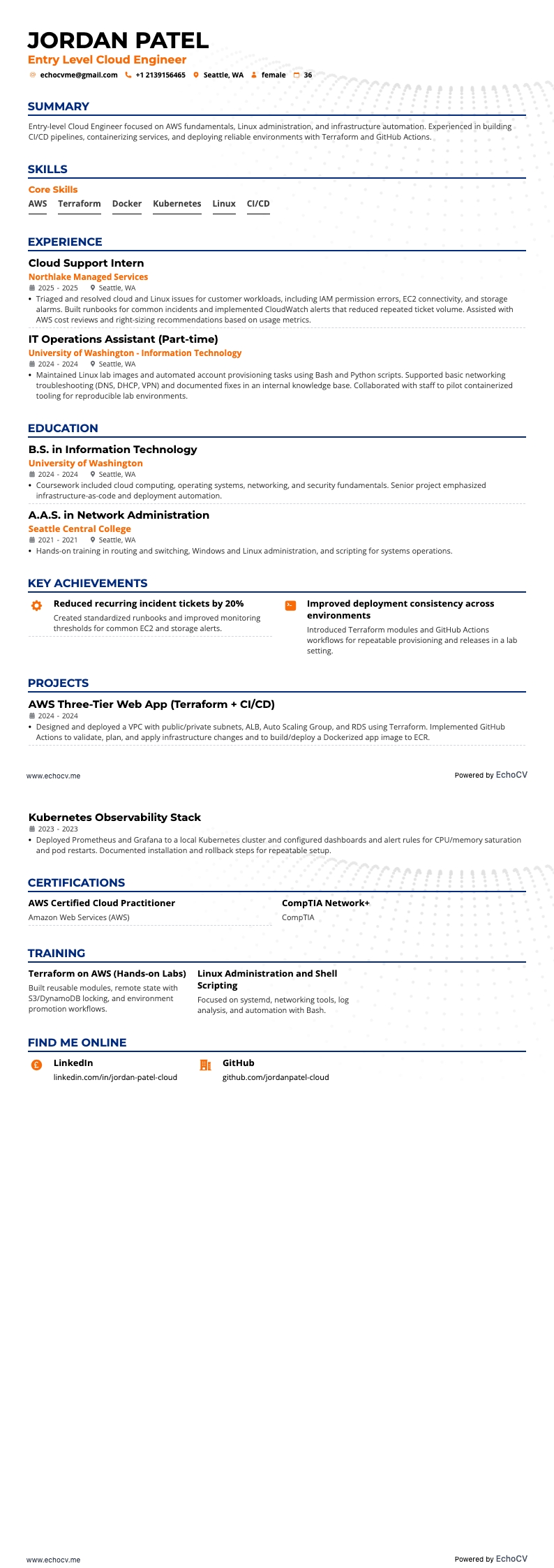 Kỹ sư Đám mây Mới vào nghề example resume