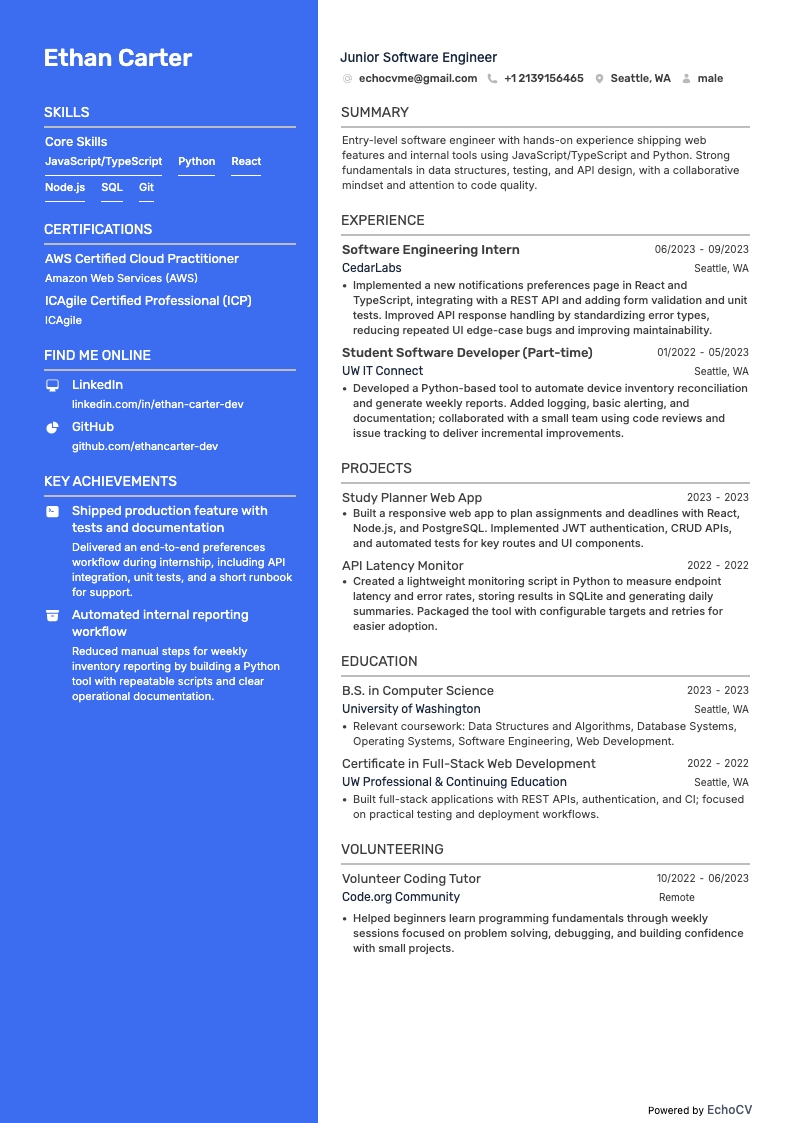 Kỹ sư phần mềm cấp độ đầu vào resume example