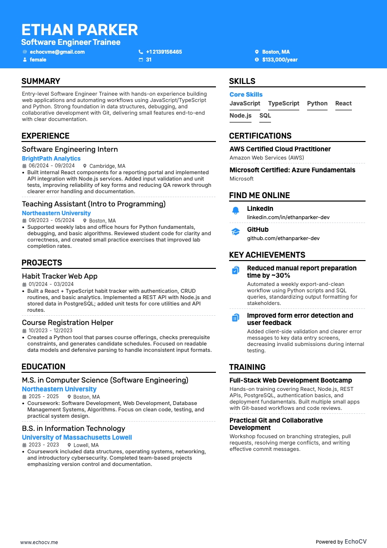 Thực tập sinh Kỹ sư Phần mềm example resume