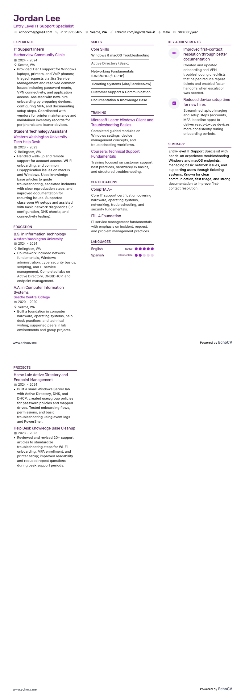 Entry Level IT Support Specialist example resume