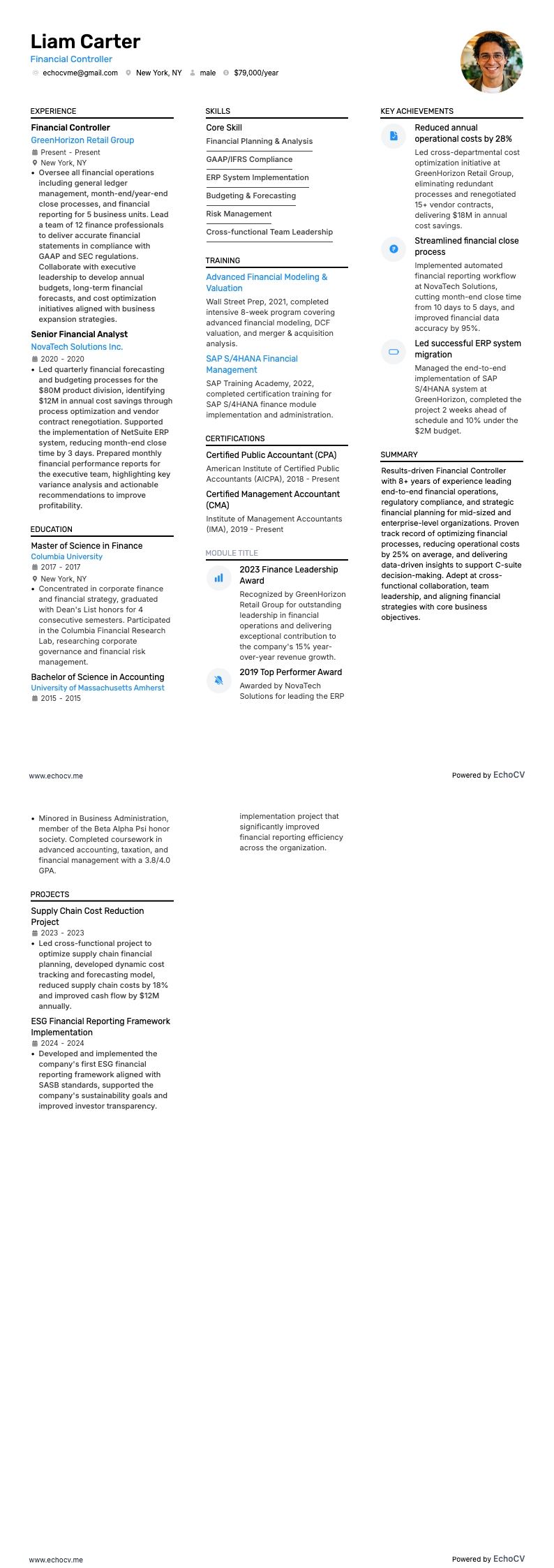 Financial Controller example resume