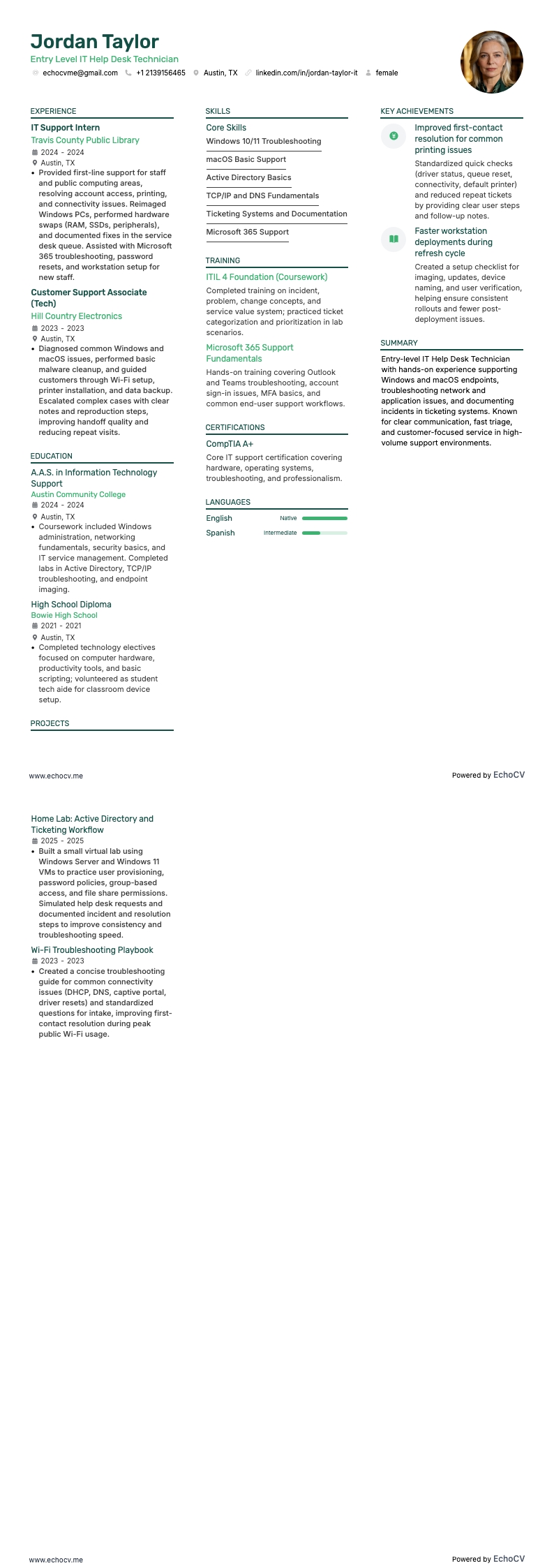 Entry Level IT Help Desk Technician example resume