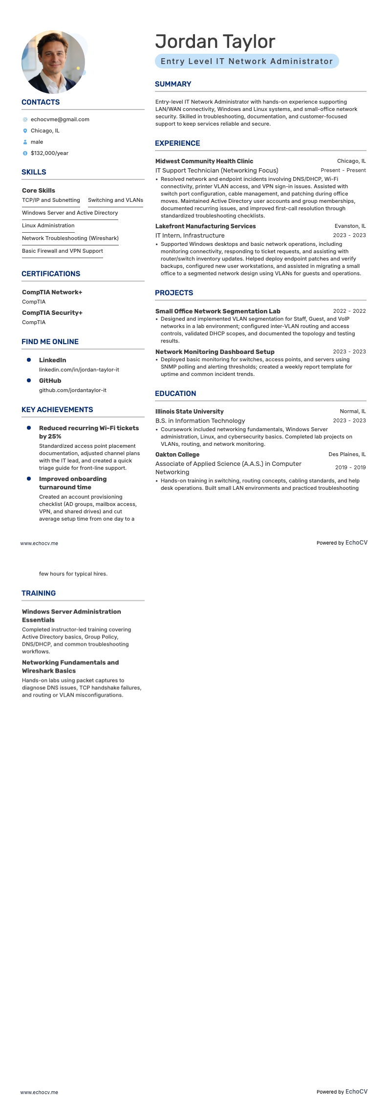 Entry Level IT Network Administrator example resume