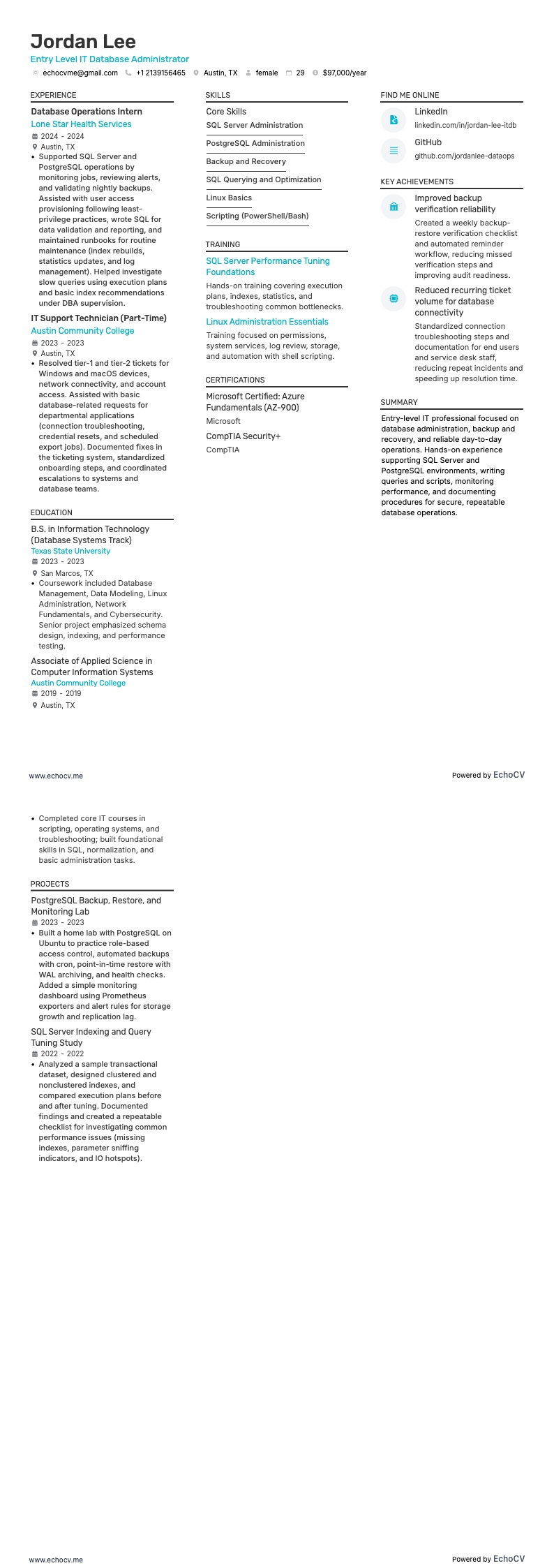 Entry Level IT Database Administrator example resume