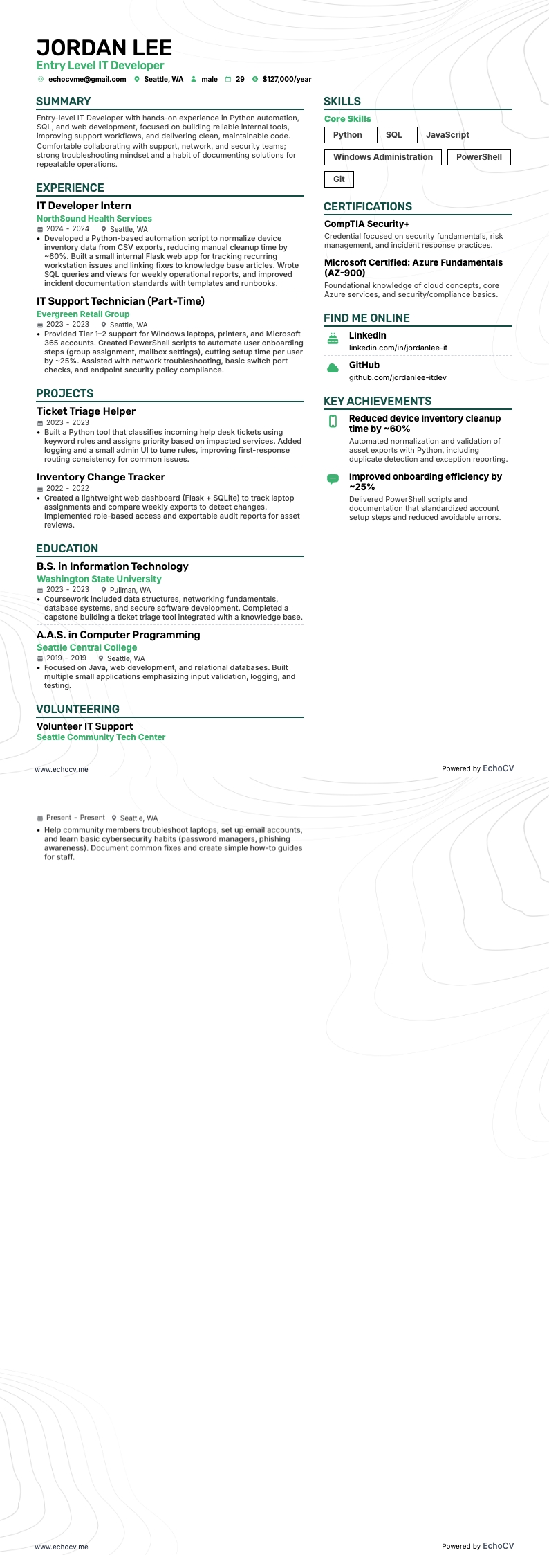 Entry Level IT Developer example resume