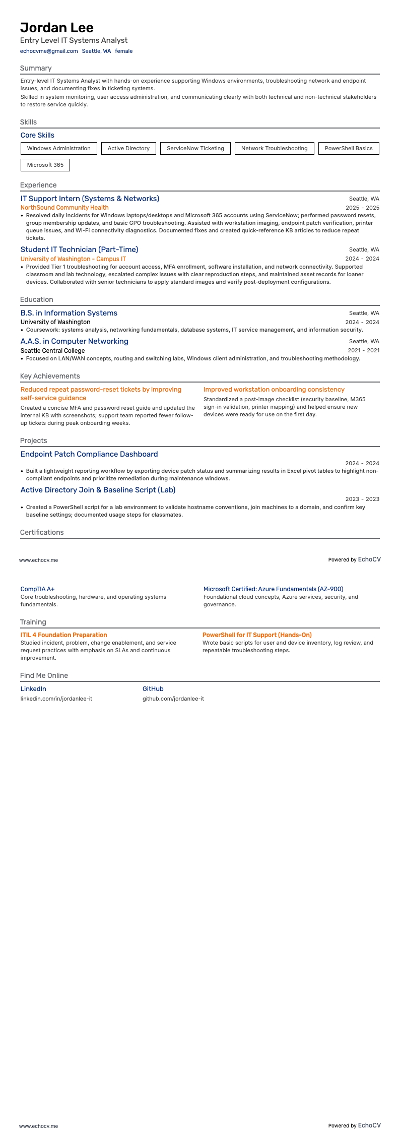 Entry Level IT Systems Analyst example resume