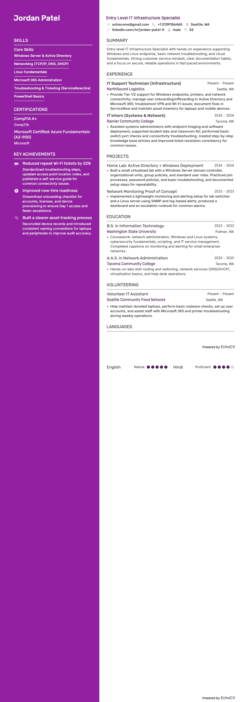 Entry Level IT Infrastructure Specialist example resume