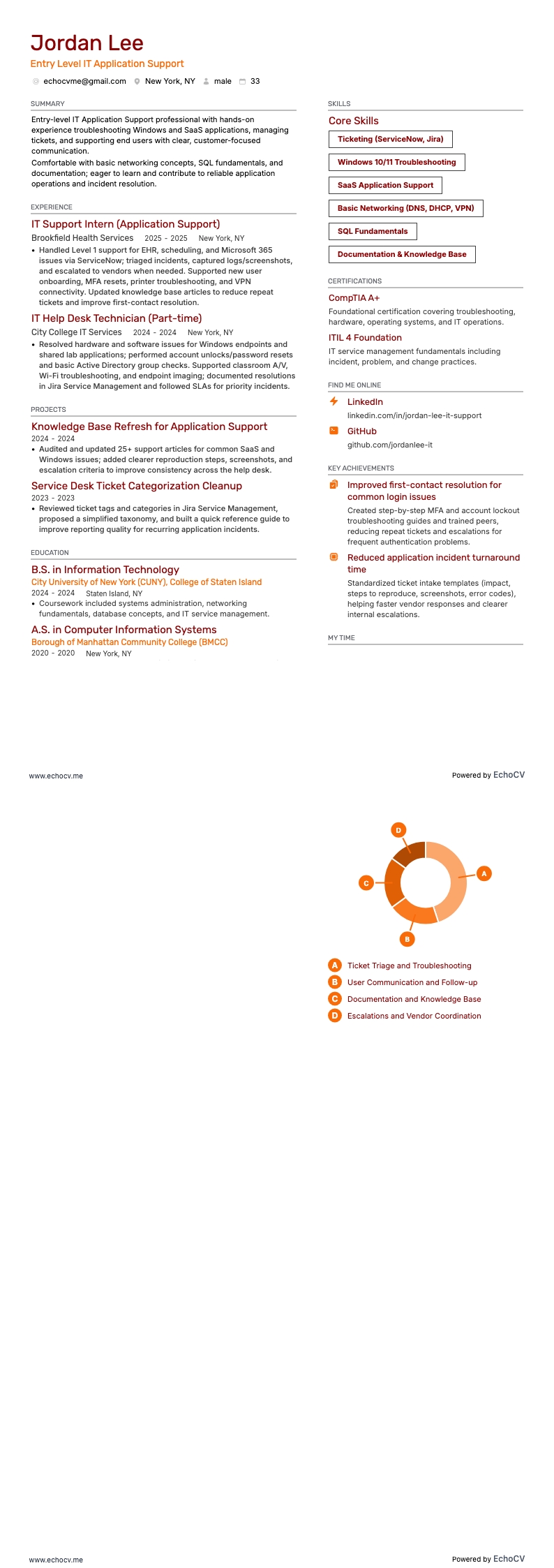 Entry Level IT Application Support example resume