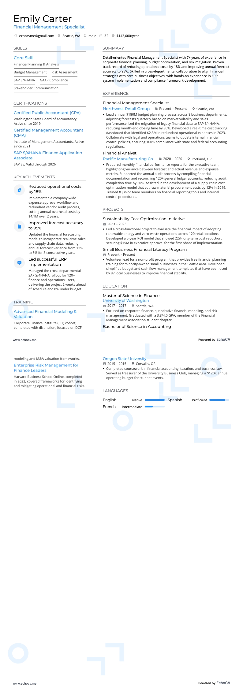 Financial Management Specialist example resume