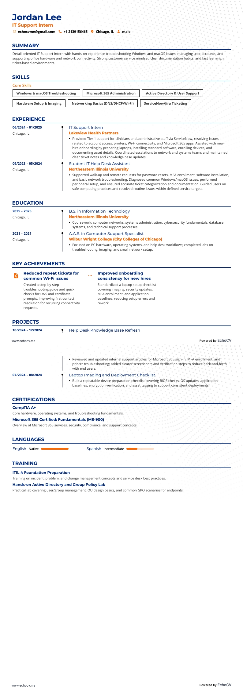 IT Support Intern example resume