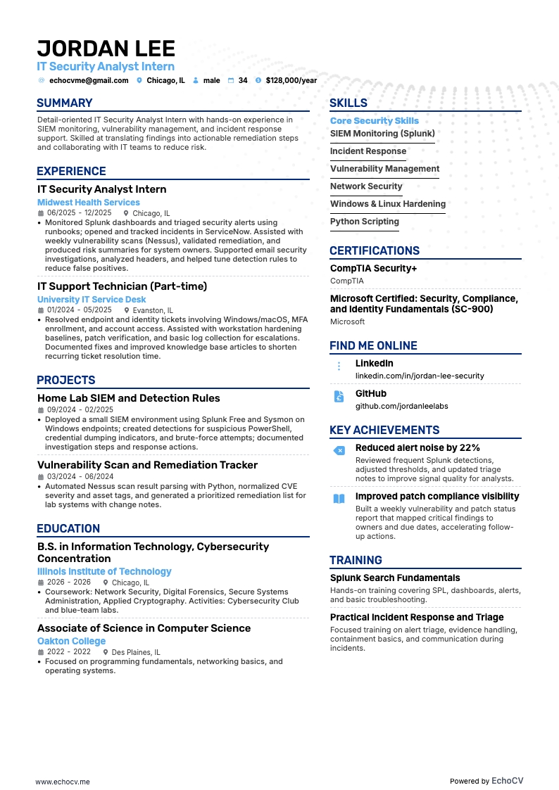 IT Security Analyst Intern example resume