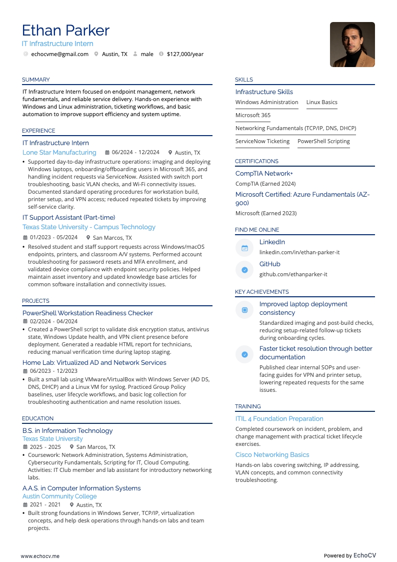 IT Infrastructure Intern example resume
