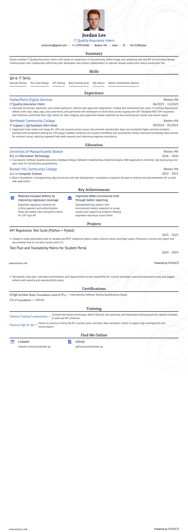 IT Quality Assurance Intern example resume