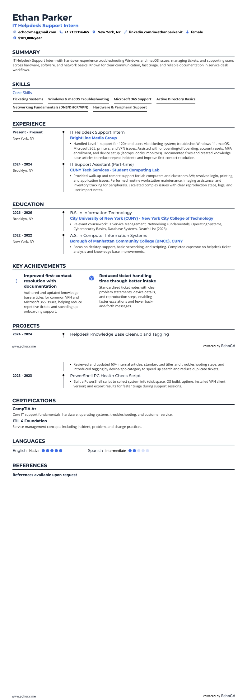IT Helpdesk Support Intern example resume