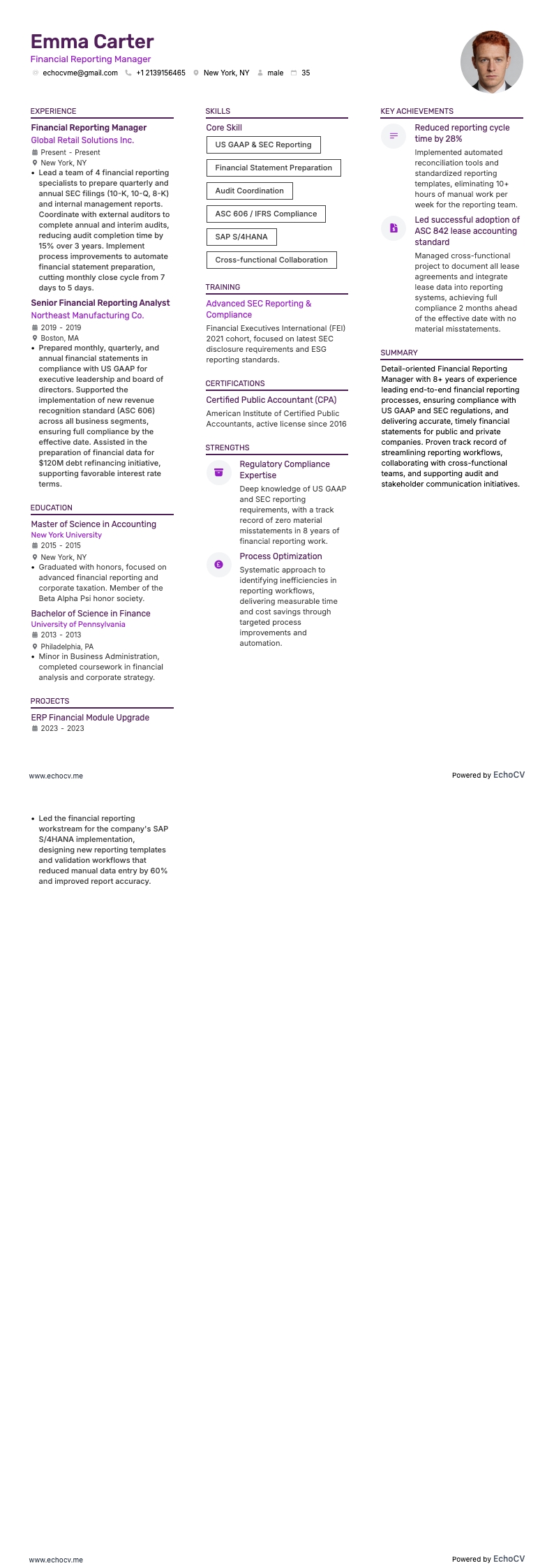 Financial Reporting Manager example resume