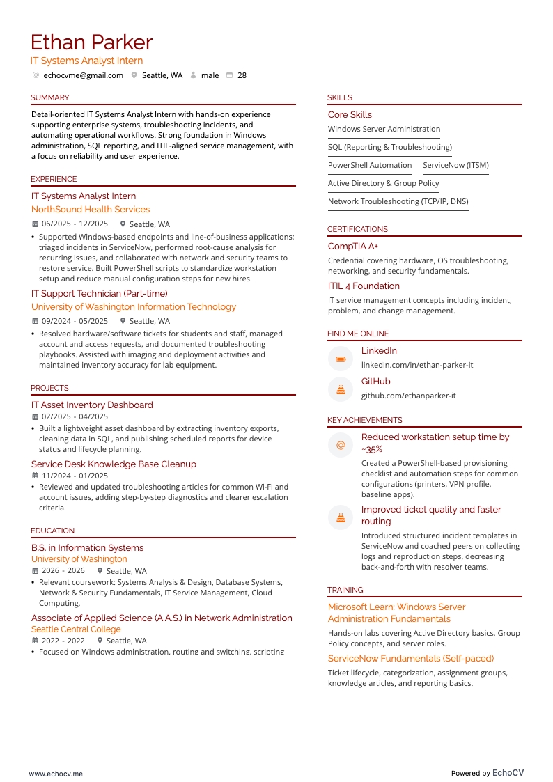 IT Systems Analyst Intern example resume