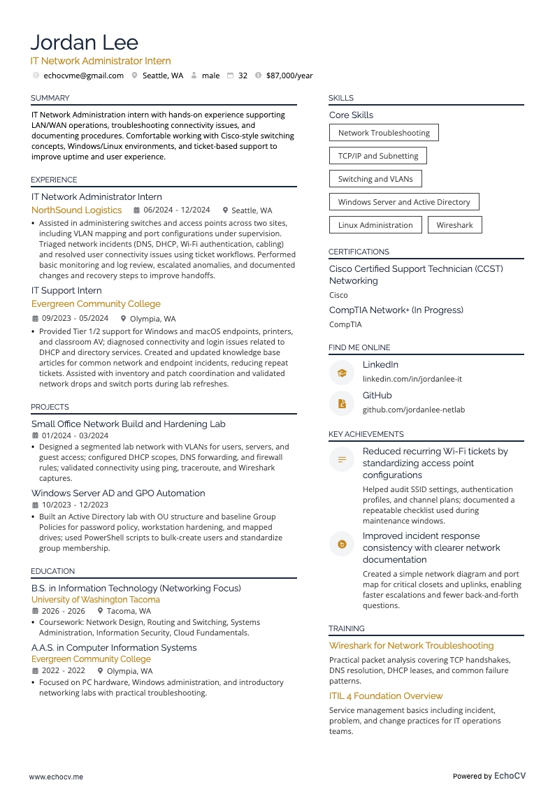 IT Network Administrator Intern example resume
